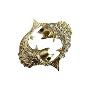 Pisces Brooch with Rhinestones in Gold Tone